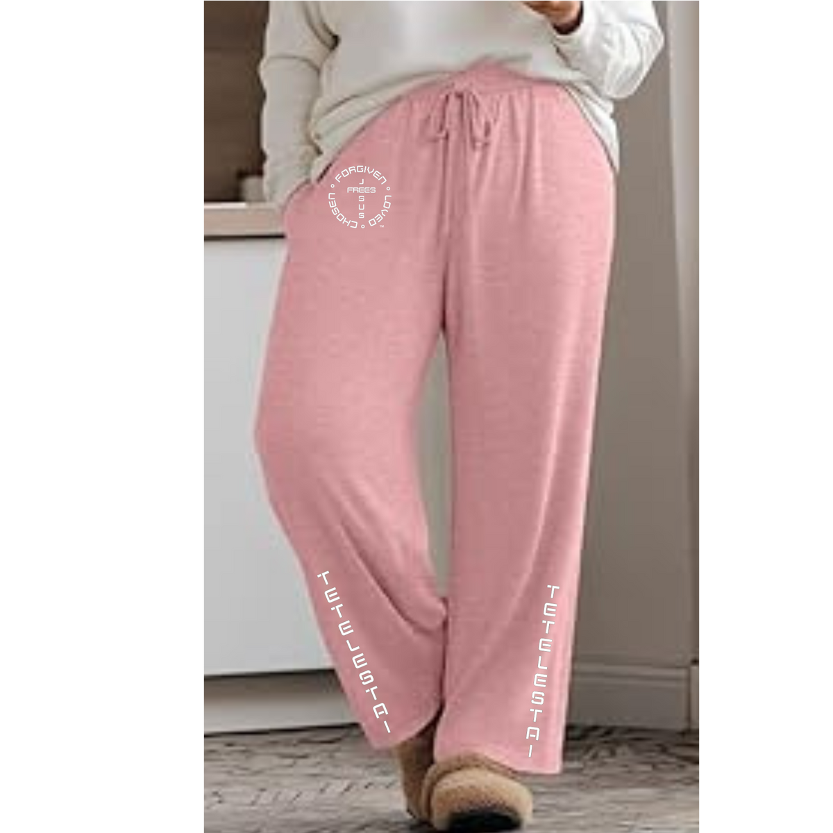 Jesus Frees™ Apparel | Women’s Plus Size Wide Leg Scripture Pants | Font 49 White | Neer Heather
