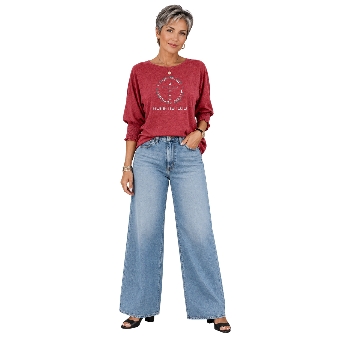 Jesus Frees - DK Women's Boat Neckline 3/4 Elastic Cuff - Font 49 Gray Fade
