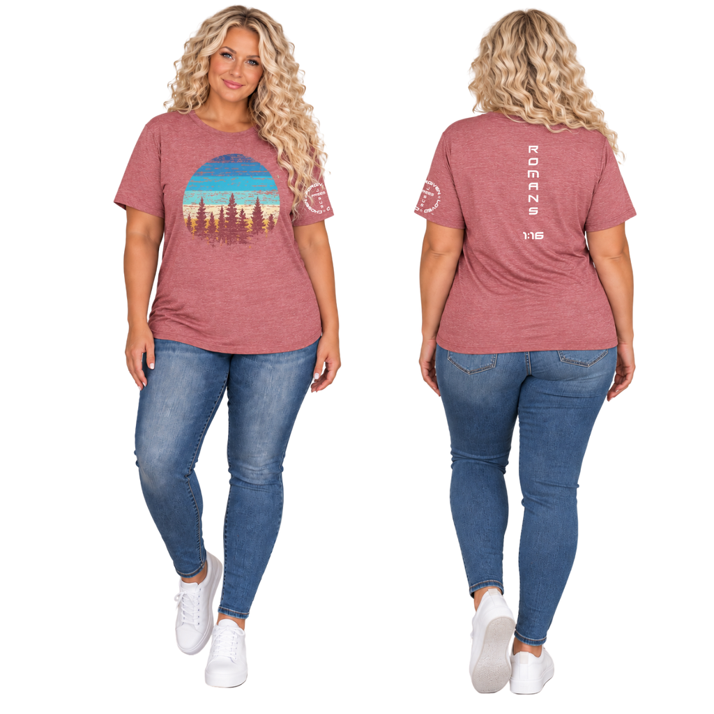 Jesus Frees™ Apparel | Women's Plus Size Vintage Sunset Scripture Shirt | Font 143 White |MK