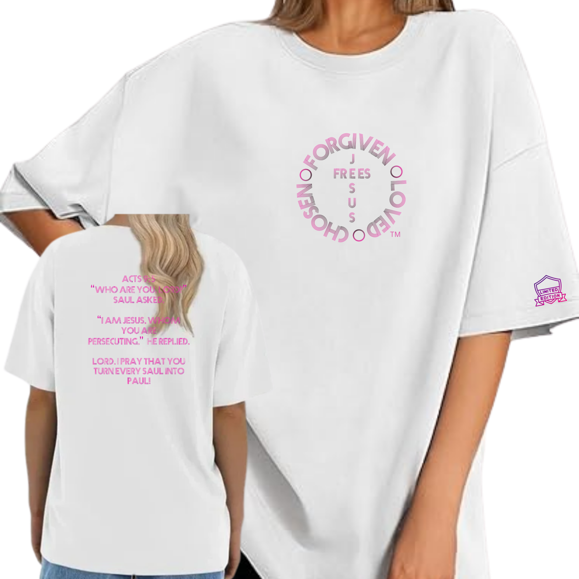 Jesus Frees - SICU Oversized Short Sleeve Women's Shirt - For the Bold & Courageous - Acts 9:5 + Prayer Font 122 Pink