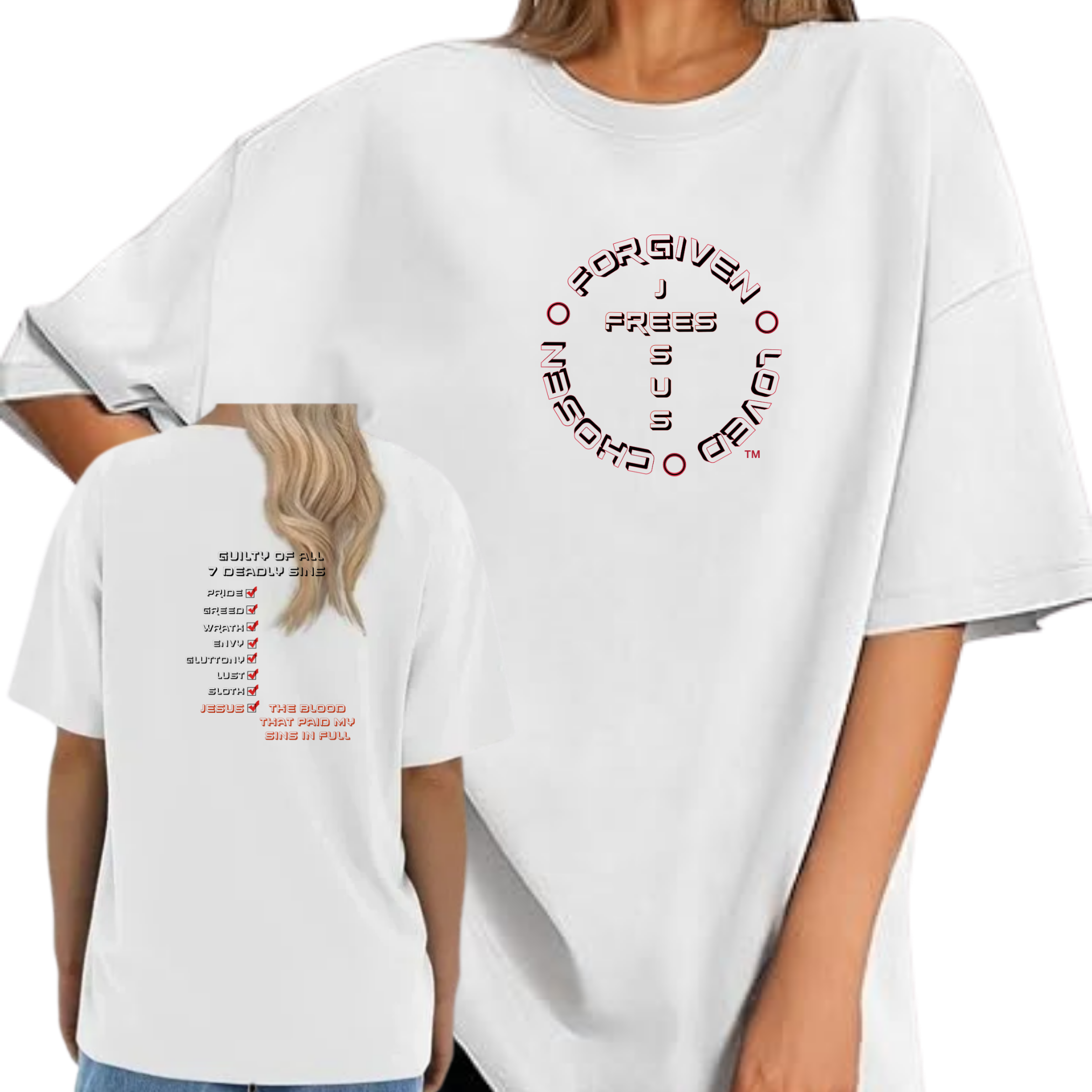 Jesus Frees - SICU Oversized Short Sleeve Women's Shirt - 7 Deadly Sins Font 126 Red