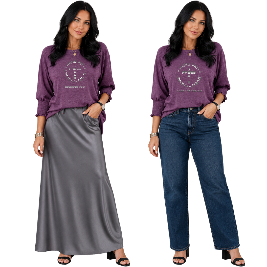 Jesus Frees - DK Women's Boat Neckline 3/4 Elastic Cuff - Font 49 Gray Fade