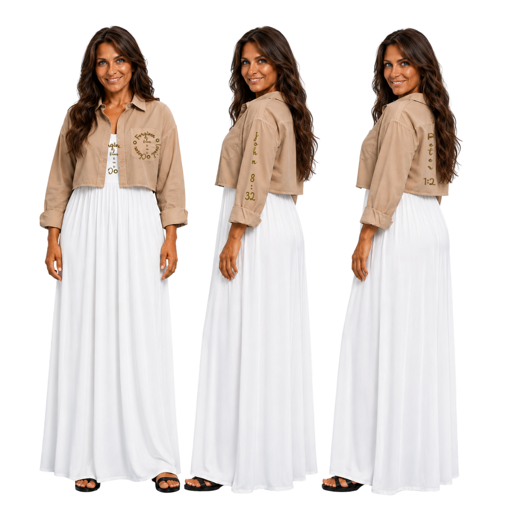 Jesus Frees - Long Maxi Dresses with Pockets - Short Sleeve - Font 223 Brown