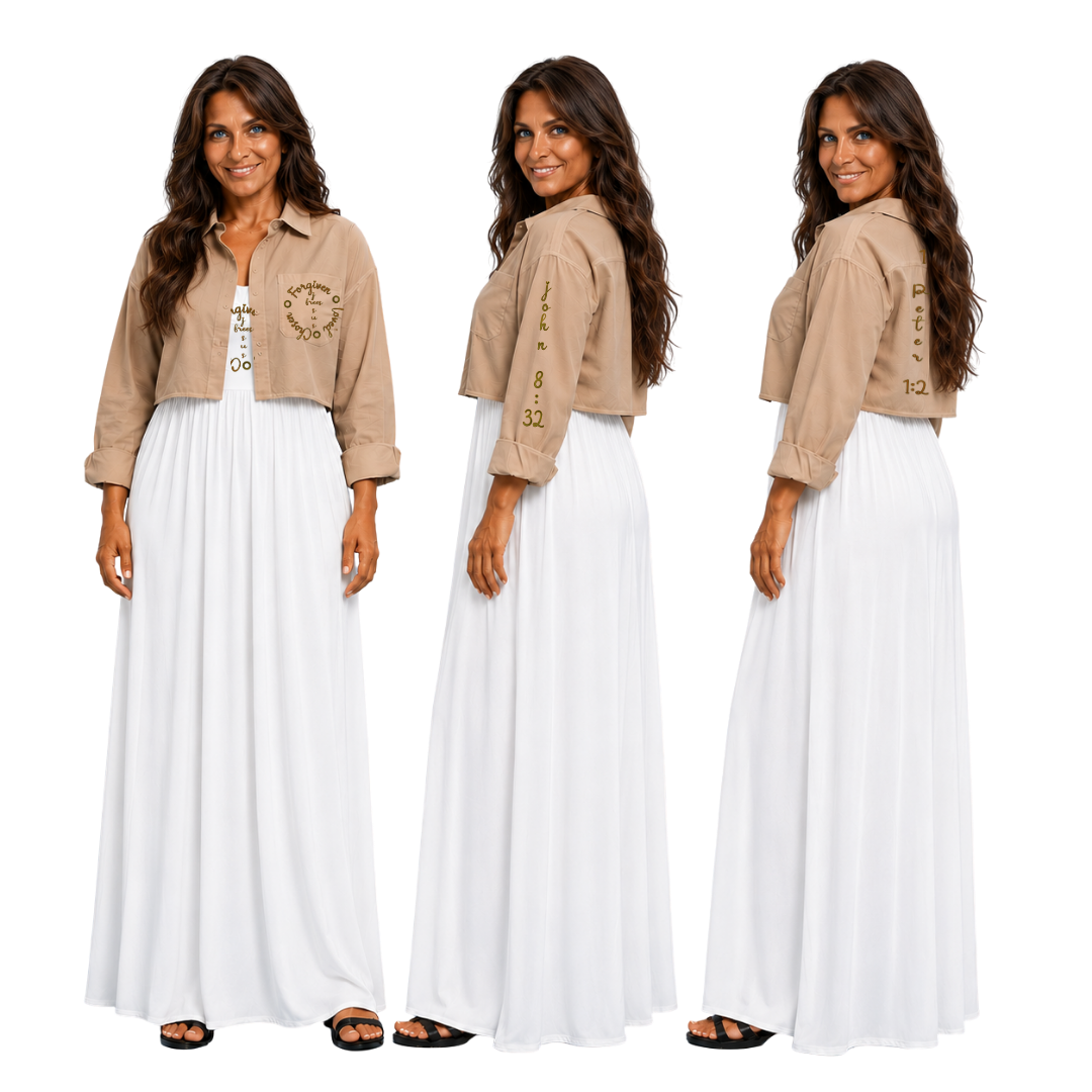 Jesus Frees - Long Maxi Dresses with Pockets - Short Sleeve - Font 223 Brown