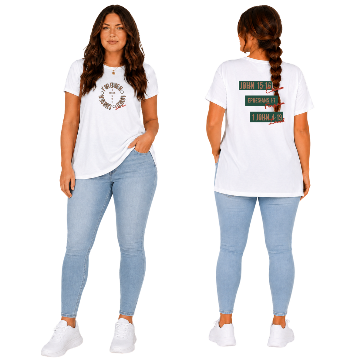 Model wearing a white soft-style cotton women's t-shirt featuring a large religious cross ornament design in brown, green, and red by Jesus Frees™ Apparel