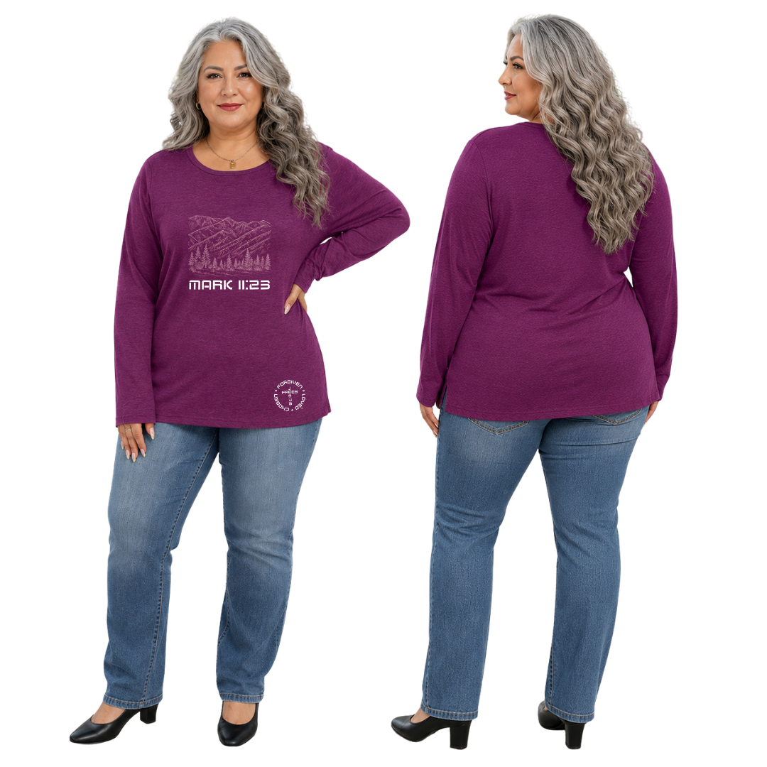 Woman wearing a purple long-sleeve shirt with text and blue jeans, shown from front and back on a white background.