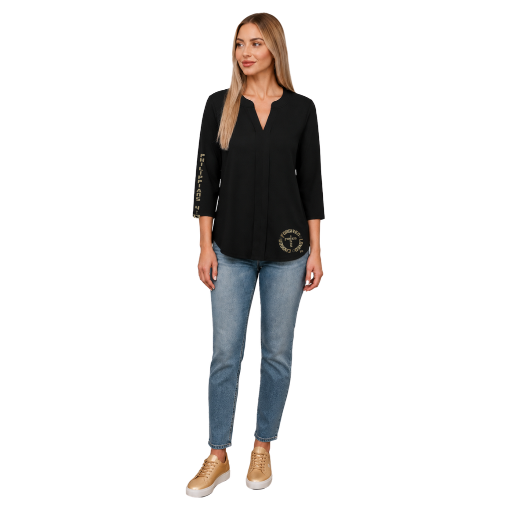Jesus Frees™ Apparel | XD 3/4 Sleeve Trendy Pleated V-Neck Tunic | Font 153 Gold Sparkle
