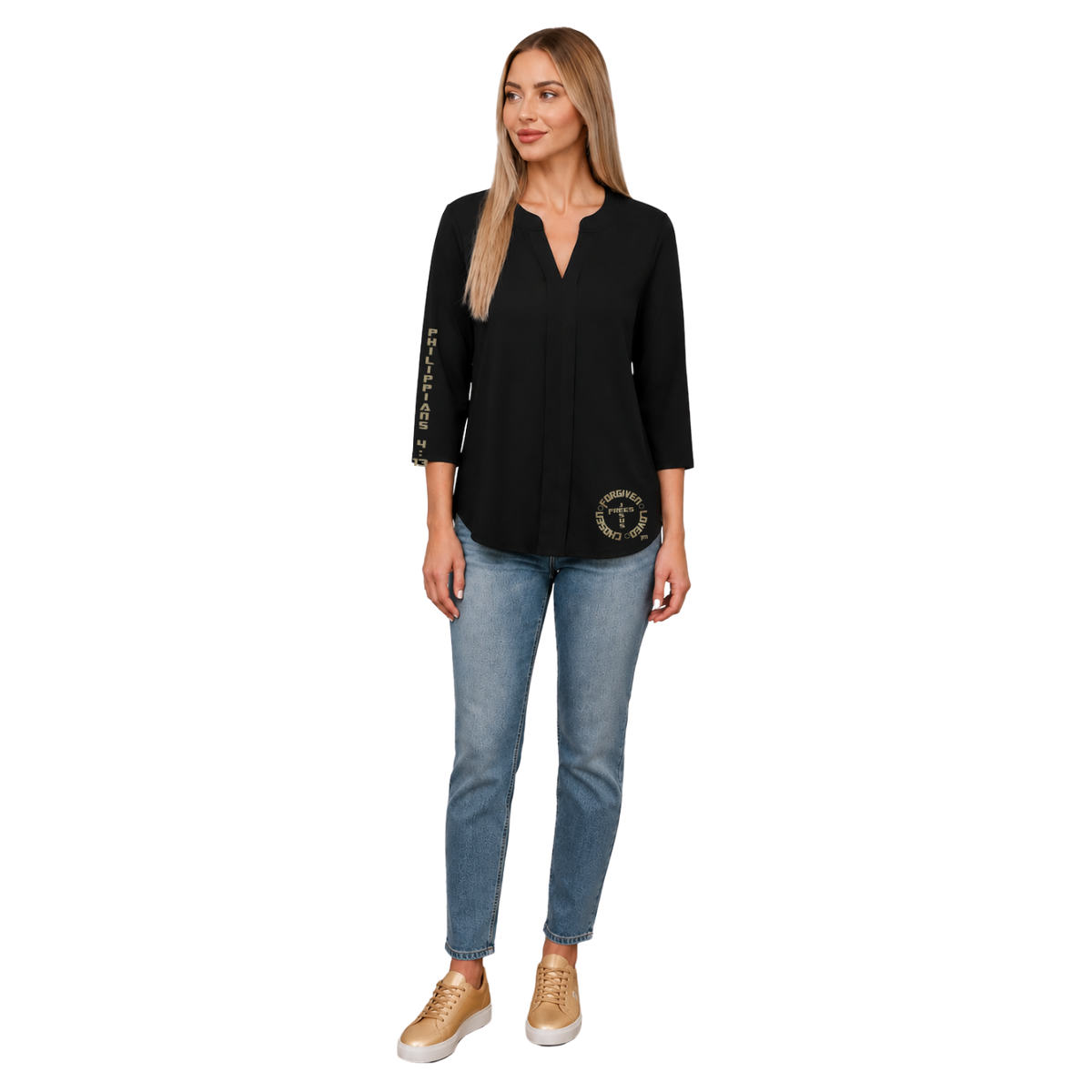 Jesus Frees™ Apparel | XD 3/4 Sleeve Trendy Pleated V-Neck Tunic | Font 153 Gold Sparkle