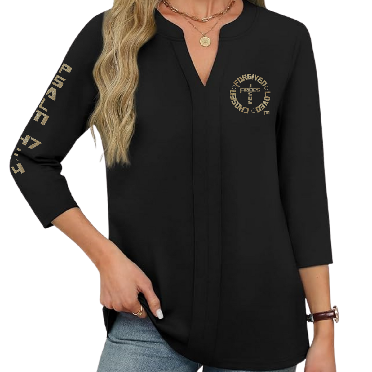 Jesus Frees™ Apparel | XD 3/4 Sleeve Trendy Pleated V-Neck Tunic | Font 153 Gold Sparkle