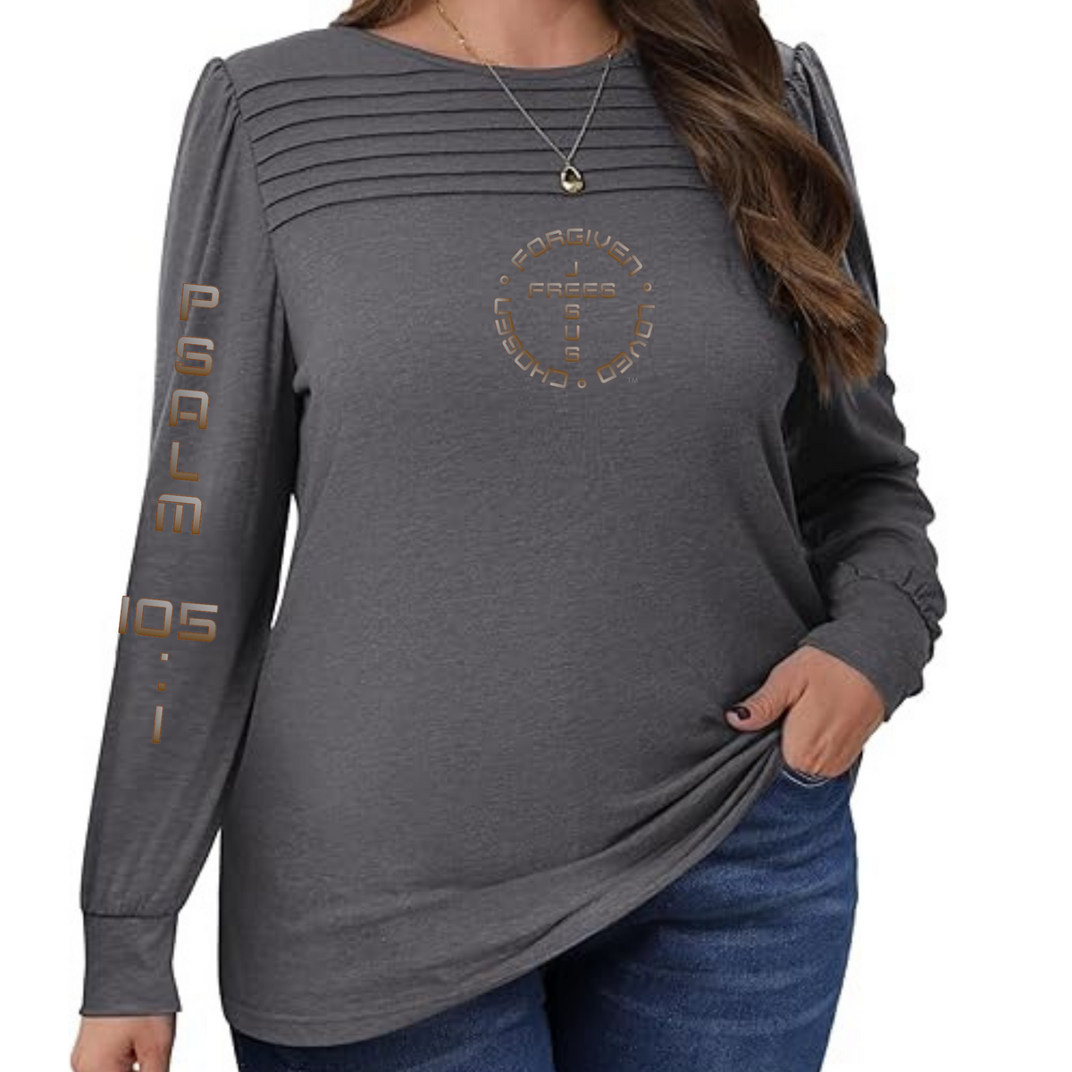 Jesus Frees™ Apparel | Women's Gray Long Sleeve Dressy Scripture Shirt | Font 49 Brown Gray Fade | XD