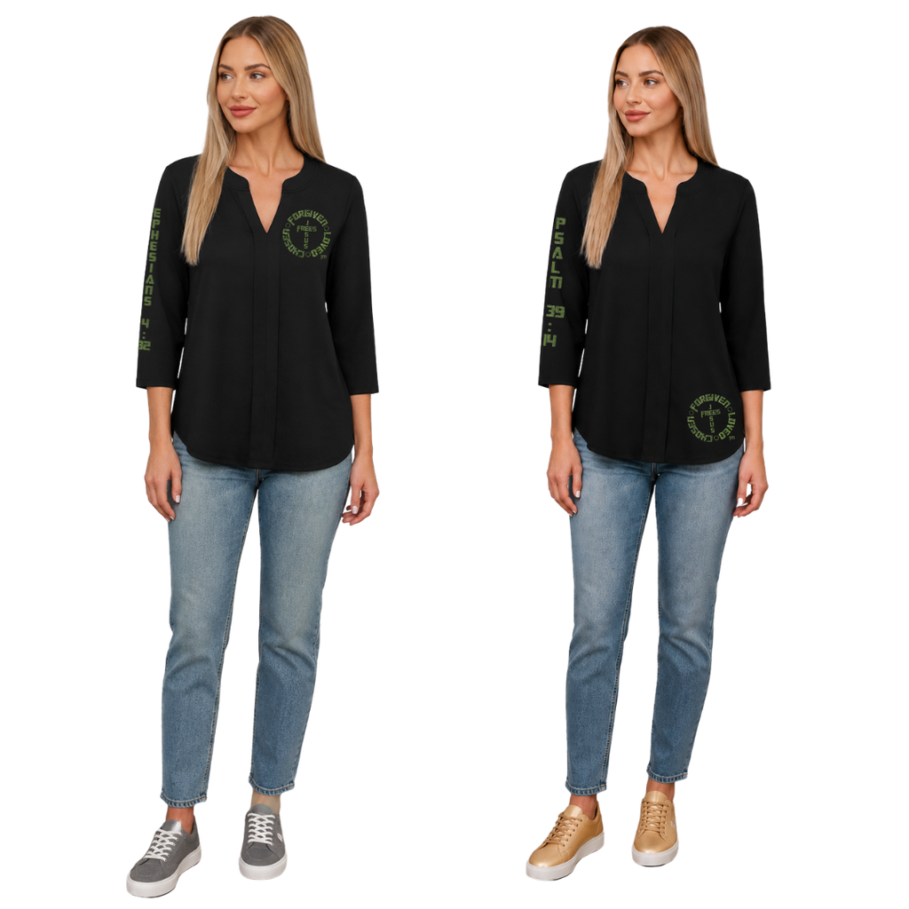 Jesus Frees™ Apparel | 3/4 Sleeve Trendy Scripture V-Neck Tunic | Font 153 Green Sparkle | XD