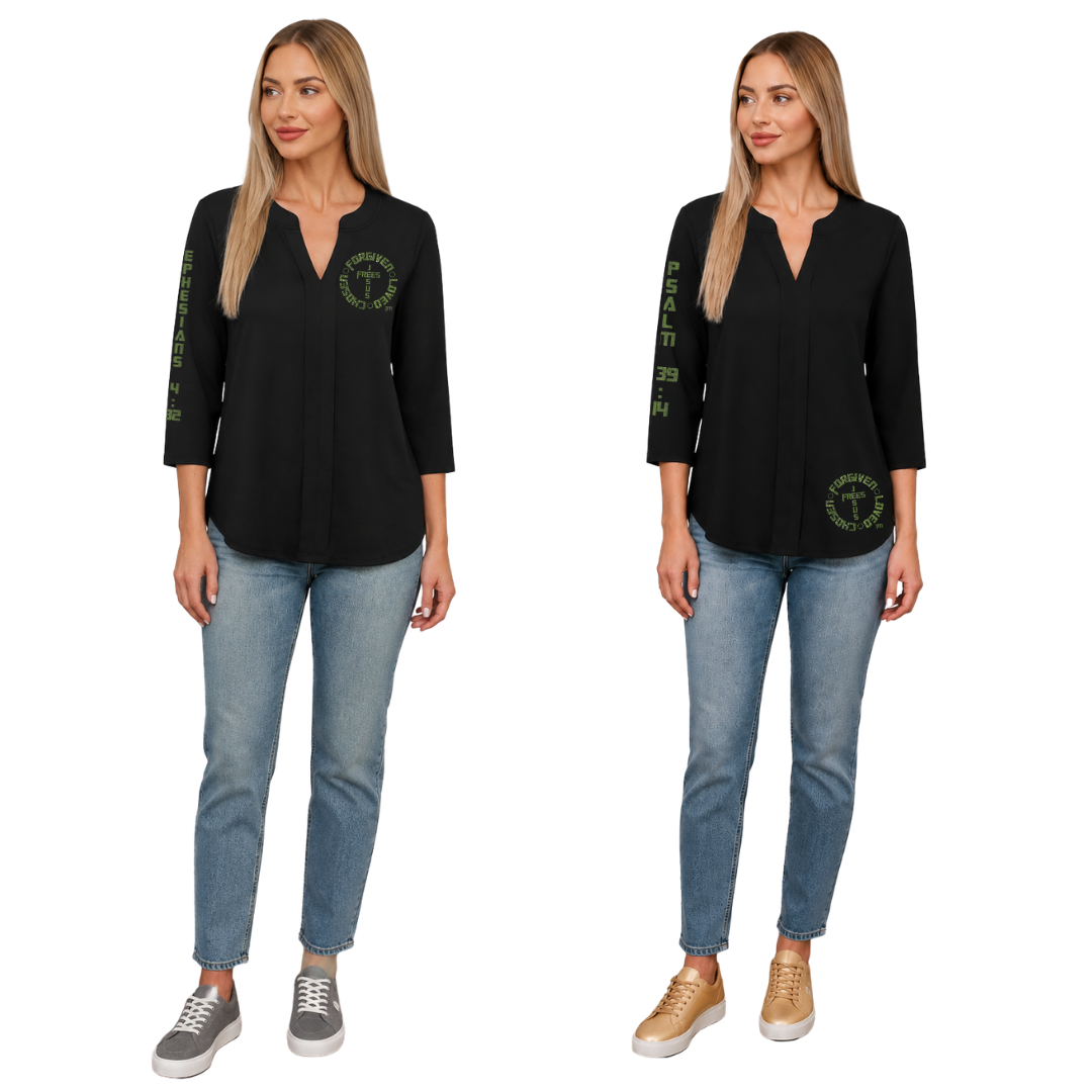 Jesus Frees™ Apparel | 3/4 Sleeve Trendy Scripture V-Neck Tunic | Font 153 Green Sparkle | XD