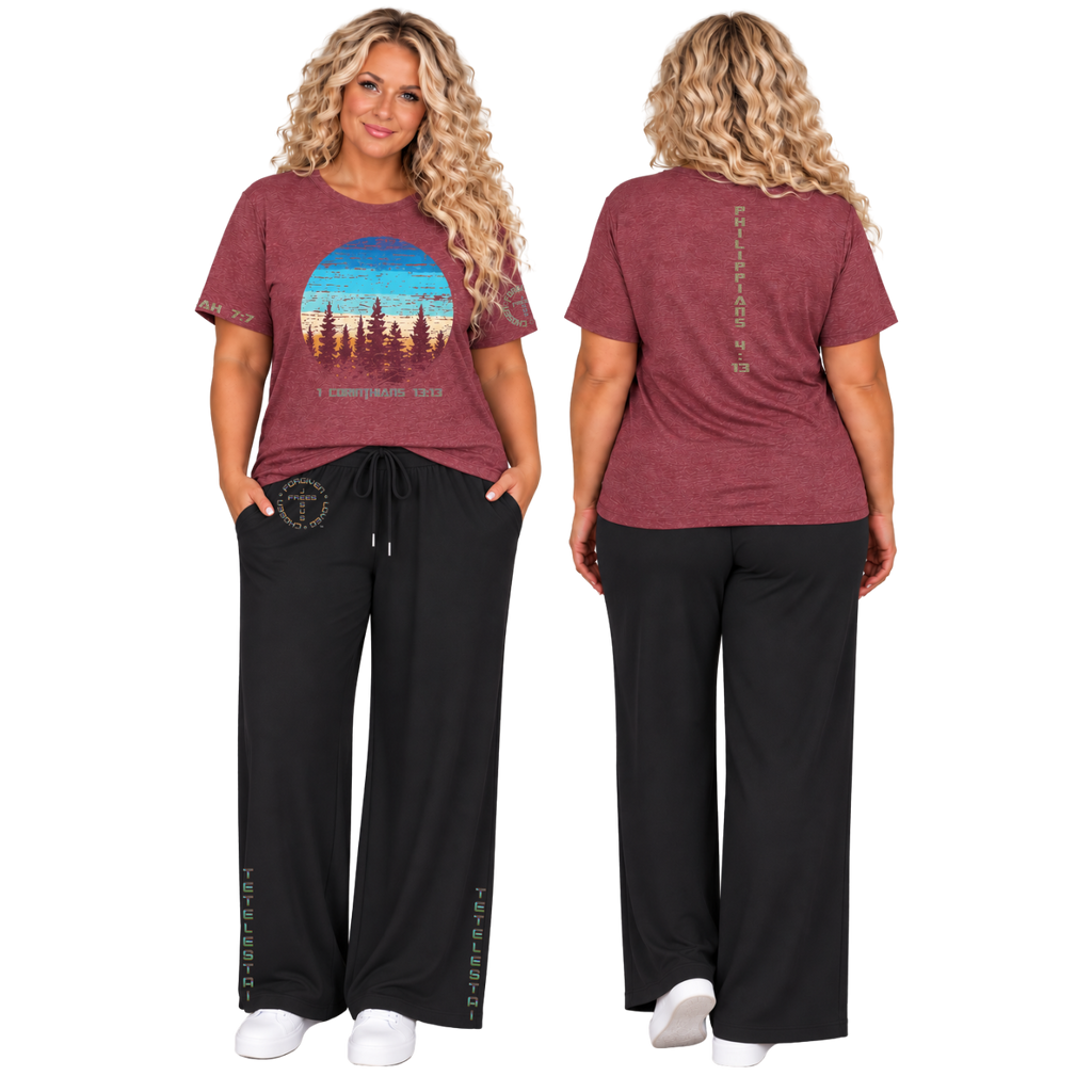 Jesus Frees™ Apparel | Women’s Plus Size Black Wide Leg Scripture Pants | Font 49 Fade | Neer
