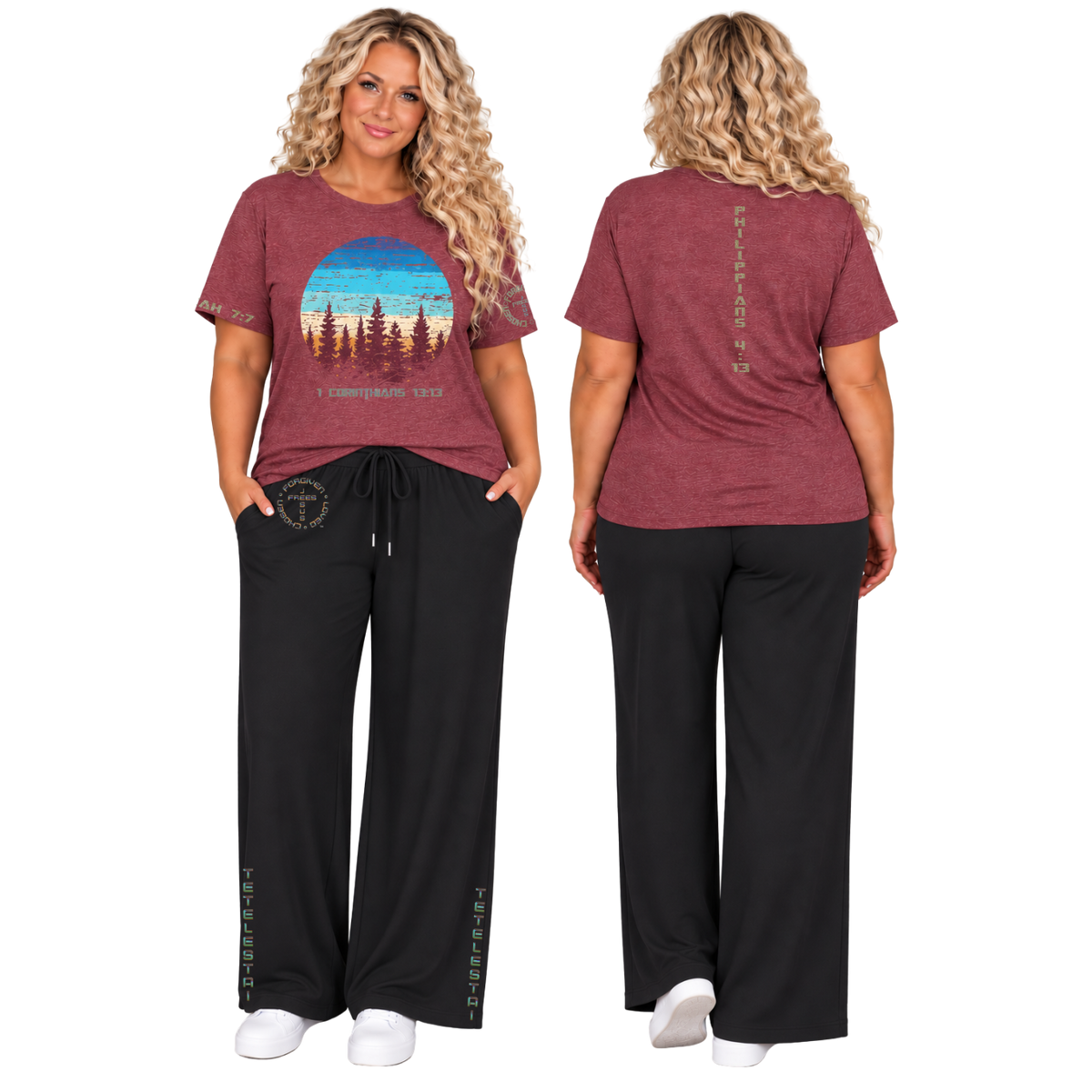 Jesus Frees™ Apparel | Women’s Plus Size Black Wide Leg Scripture Pants | Font 49 Fade | Neer
