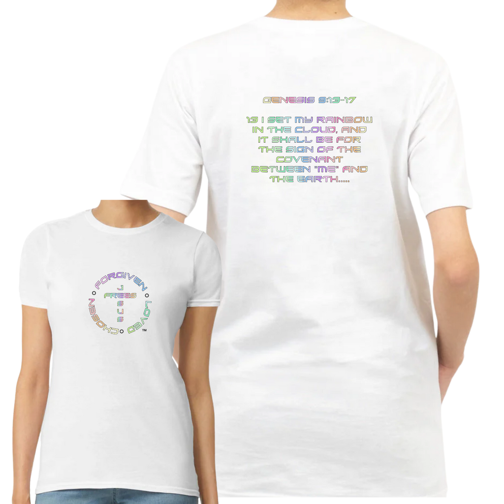 Jesus Frees - G64 Soft Style White Cotton Women's T-Shirt - God's Covenant 143 Rainbow