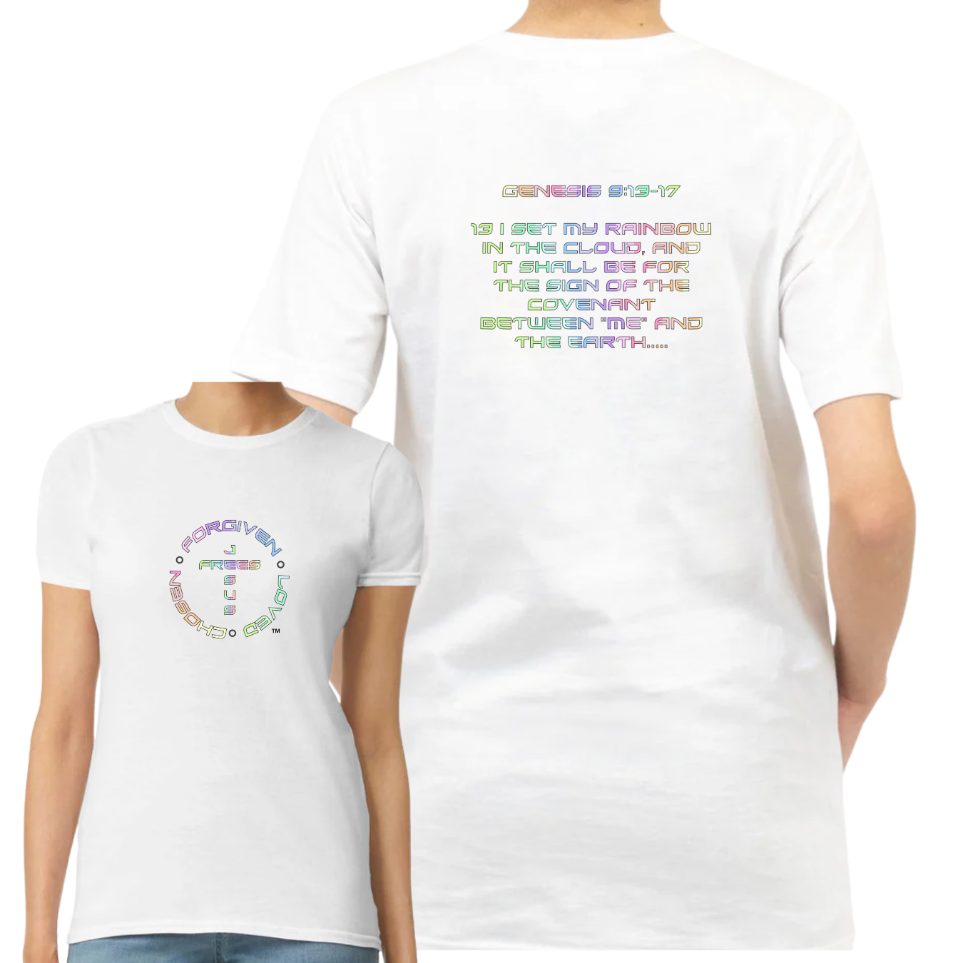 Jesus Frees - G64 Soft Style White Cotton Women's T-Shirt - God's Covenant 143 Rainbow