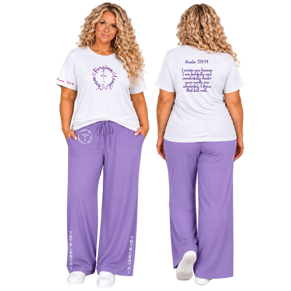 Jesus Frees™ Apparel | Women’s Plus Size Wide Leg Scripture Pants | Font 49 White | Neer