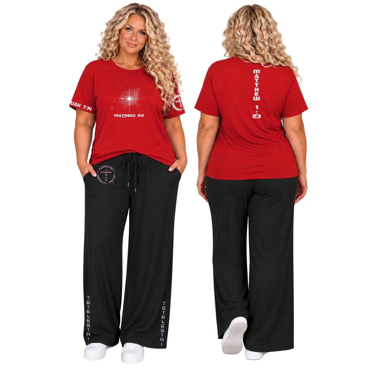 Jesus Frees™ Apparel | Women’s Plus Size Black Wide Leg Scripture Pants | Font 49 Fade | Neer
