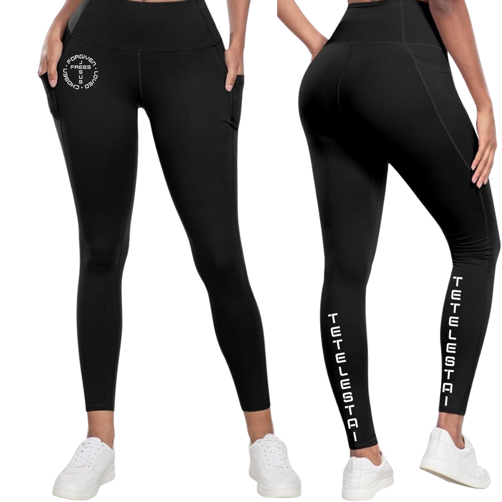 BLACK LEGGINS WITH POCKETS, PRINTED "TETELESTAI" - Soft High Waisted Tummy Control Workout Pants
