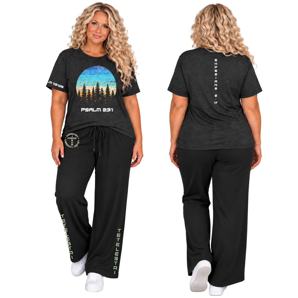 Jesus Frees™ Apparel | Women’s Plus Size Black Wide Leg Scripture Pants | Font 49 Fade | Neer